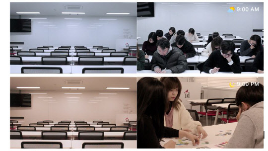 멜라토닌을 억제해 아침 잠을 깨워주는 높은 색온도의 청백색 조명(위)과 휴식에 적합한 낮은 색온도의 조명(아래) 모습으로, KAIST 산업디자인학과 에듀 3.0 강의실에 실제 설치해 실험한 결과, 푸른색이 아침 잠을 깨우는 데 효과적이었다. KAIST 제공